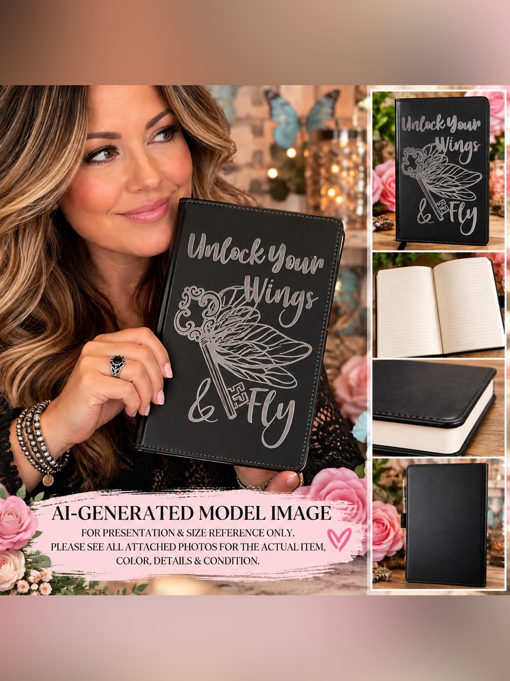 Handmade Laser Engraved Unlock Your Wings & Fly Journal Black Silver
